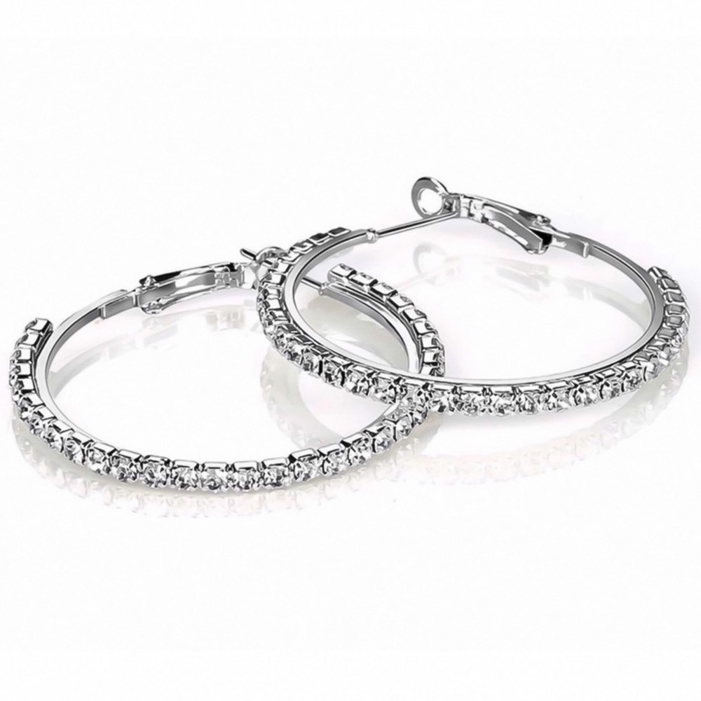 Silver & Crystal 2” Hoop Earrings - Picture 2 of 8